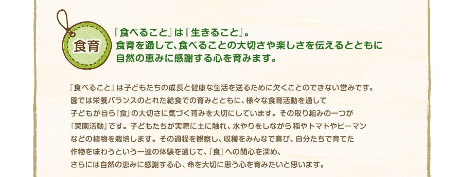 『食べること』は『生きること』の源。
                                                                                    食育を通して、自然の恵みに感謝し、食べることの大切さを知る
                                                                                    生き生きとした子どもを育みます。